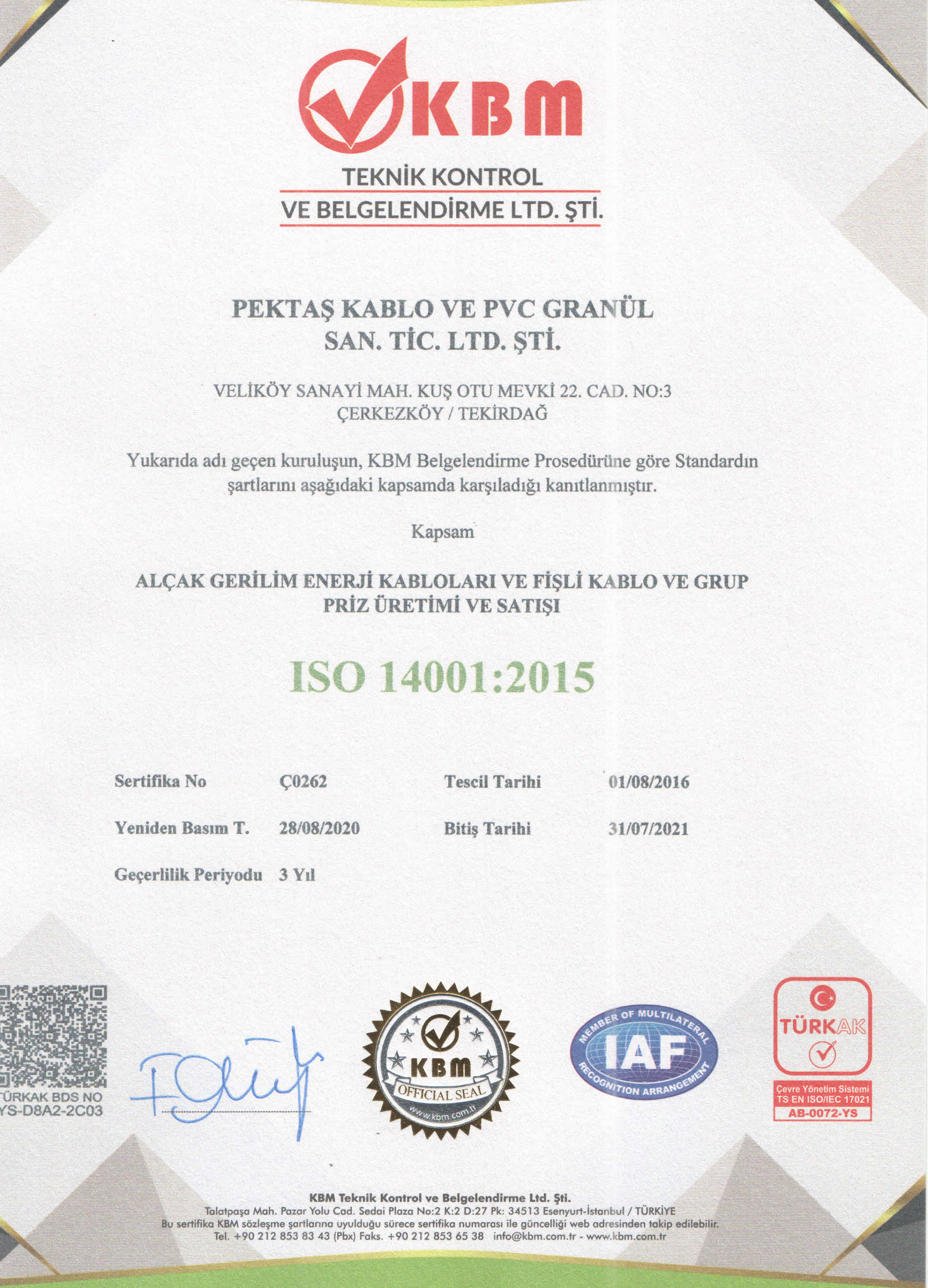  Pektaş Kablo ISO 9001 001